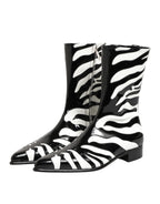 Black White Zebra Leather Mid Calf Boots Shoes