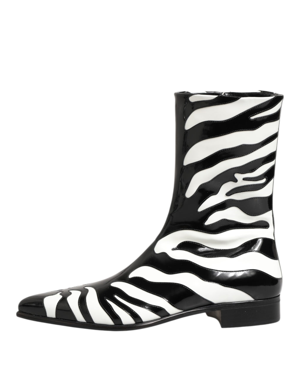 Black White Zebra Leather Mid Calf Boots Shoes
