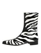 Black White Zebra Leather Mid Calf Boots Shoes