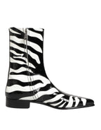 Black White Zebra Leather Mid Calf Boots Shoes