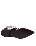 Black White Zebra Leather Mid Calf Boots Shoes