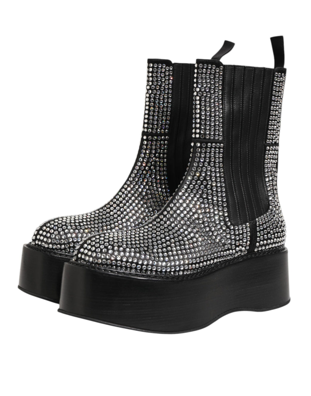 Black Crystal Strass Mid Calf Short Boots  Shoes