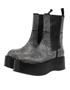 Black Crystal Strass Mid Calf Short Boots  Shoes