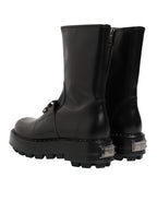 Black Logo Plaque Mid Calf Biker Boots Shoes