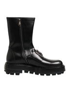 Black Logo Plaque Mid Calf Biker Boots Shoes