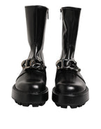 Black Logo Plaque Mid Calf Biker Boots Shoes