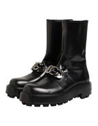 Black Logo Plaque Mid Calf Biker Boots Shoes