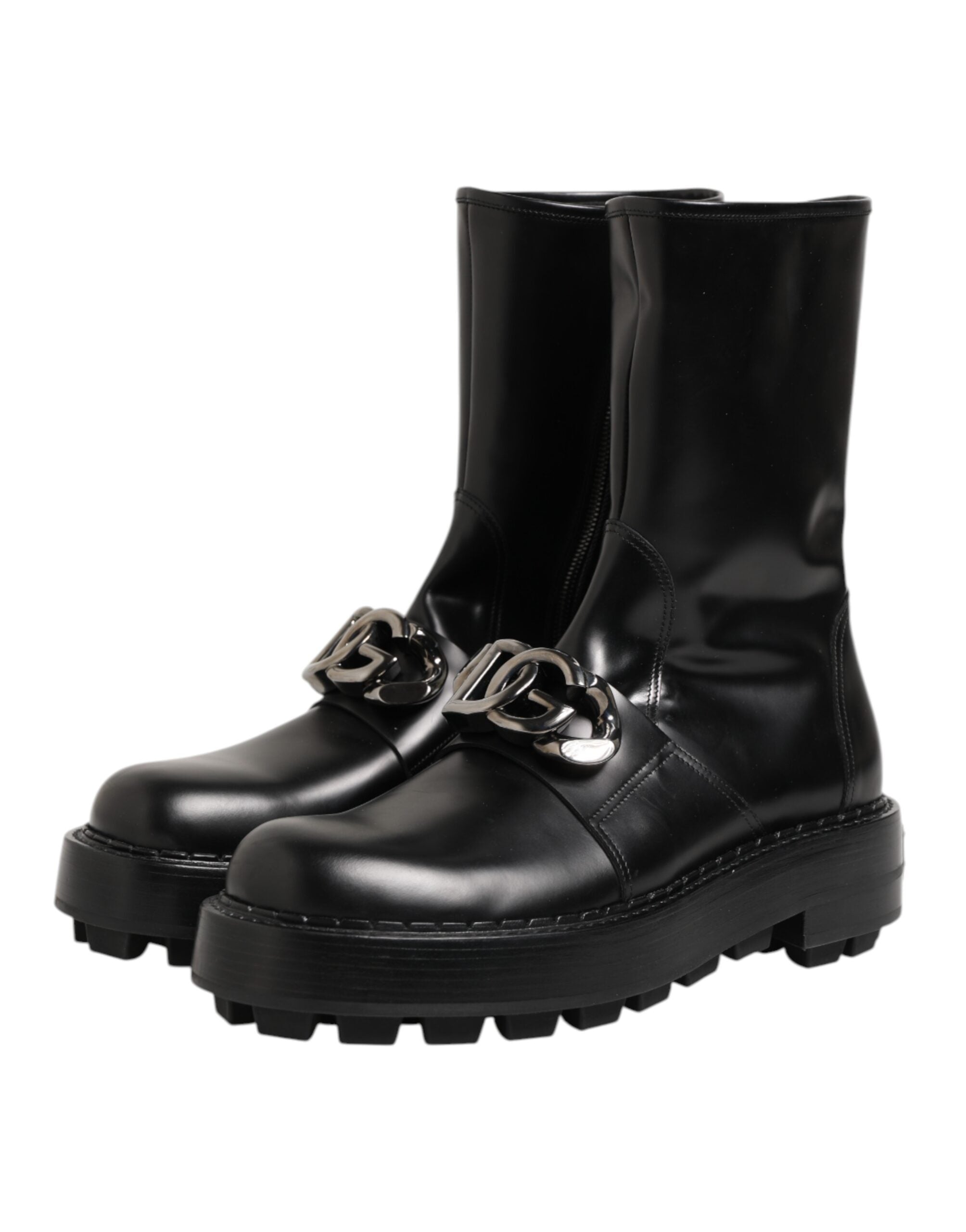 Black Logo Plaque Mid Calf Biker Boots Shoes