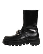 Black Logo Plaque Mid Calf Biker Boots Shoes