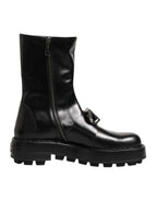 Black Logo Plaque Mid Calf Biker Boots Shoes