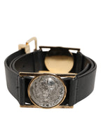Black Leather Gold Silver Coin Buckle Belt