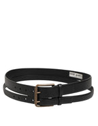 Black Double Strap Leather Brass Buckle Belt