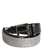 Black Silver Pebbled Texture Leather Buckle Men Belt