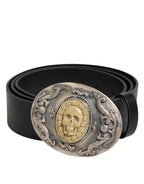 Black Leather Ornate Metal Buckle Men Belt