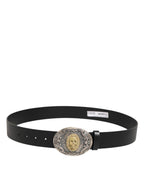 Black Leather Ornate Metal Buckle Men Belt