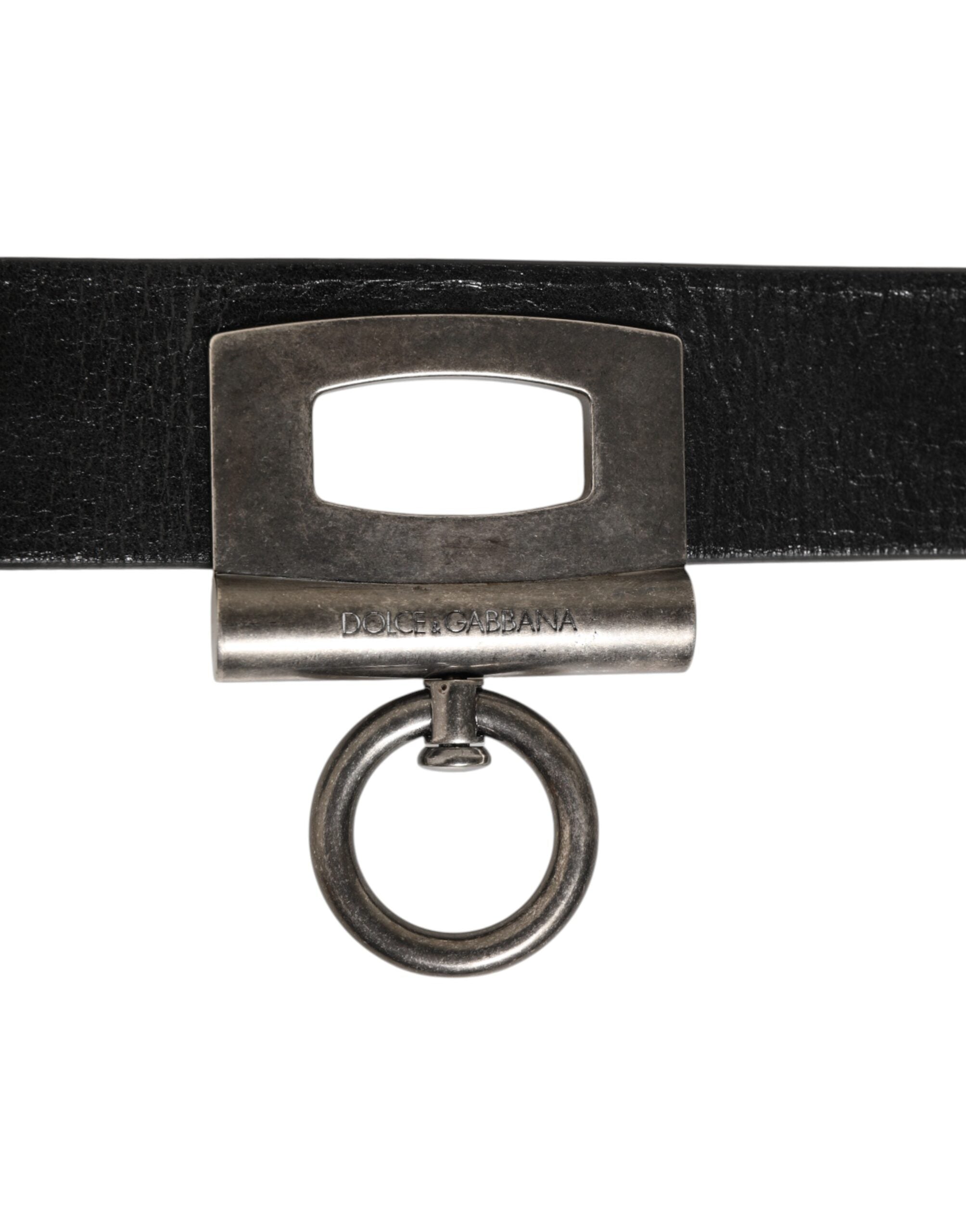 Black Leather Side Rings Brass Buckle Belt