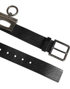 Black Leather Side Rings Brass Buckle Belt