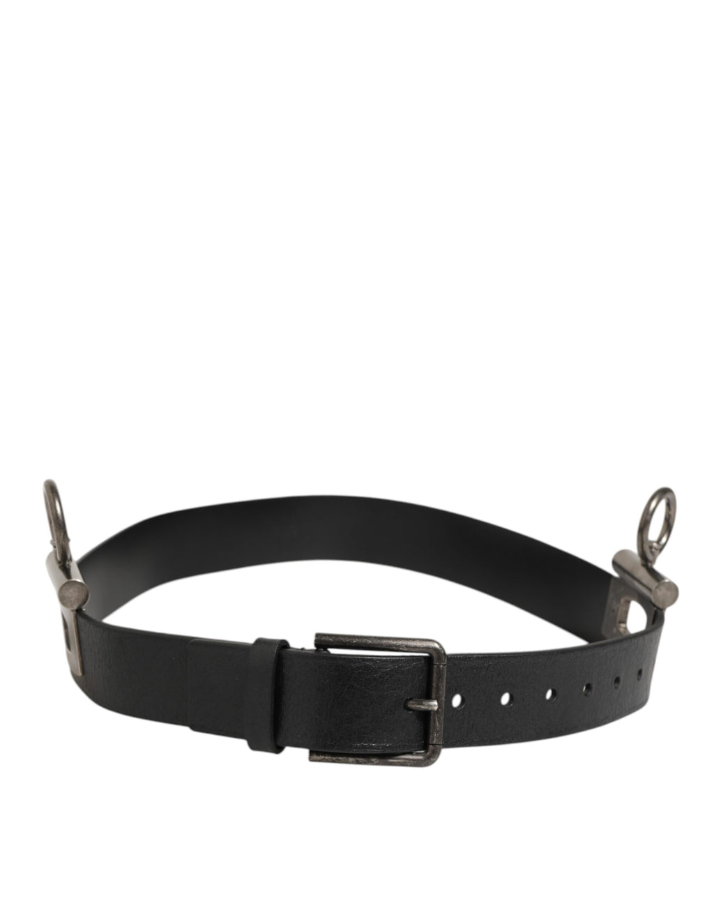Black Leather Side Rings Brass Buckle Belt