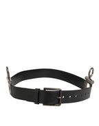 Black Leather Side Rings Brass Buckle Belt