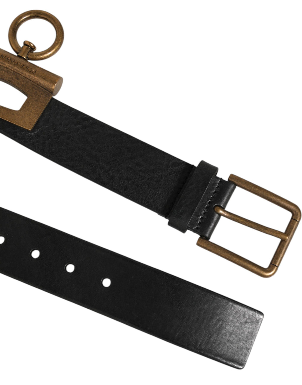 Black Leather Side Rings Brass Buckle Belt