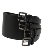 Black Leather 4-Strap Metal Multi-Buckle Belt
