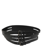 Black Leather 4-Strap Metal Multi-Buckle Belt