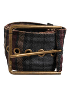 Plaid Fabric Logo Plate Brass Buckle Belt