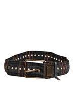 Plaid Fabric Logo Plate Brass Buckle Belt