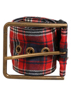 Red Plaid Fabric Logo Plate Brass Buckle Belt
