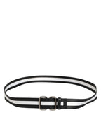 Black White Striped Logo Metal Buckle Belt