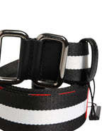 Black White Striped Logo Metal Buckle Belt