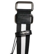 Black White Striped Logo Metal Buckle Belt