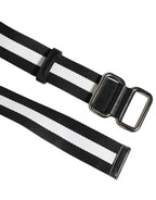 Black White Striped Logo Metal Buckle Belt