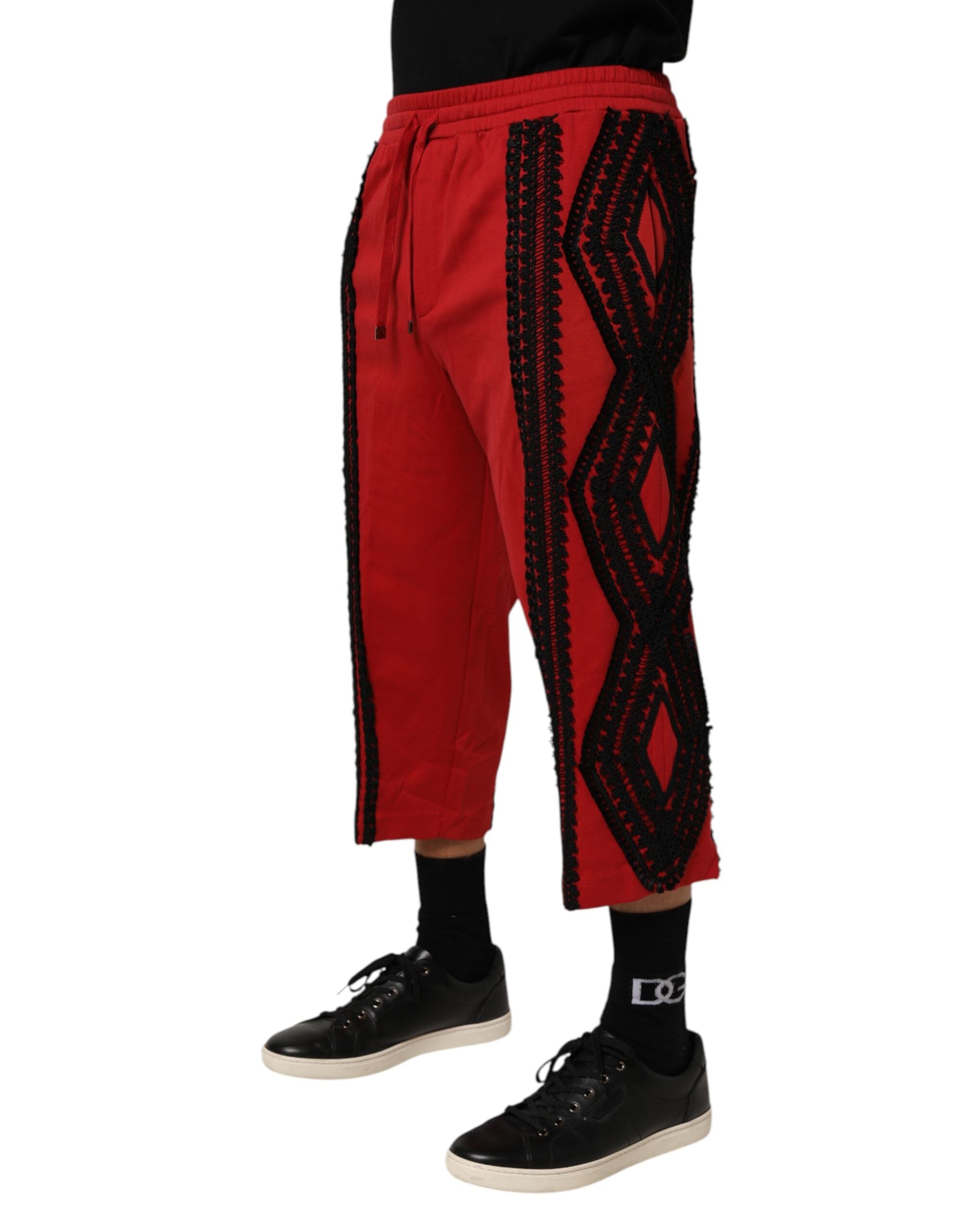 Red Embroidered Casual Cropped Trouser Pants