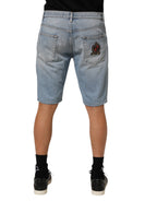 Blue Cotton Distressed Denim Bermuda  Shorts