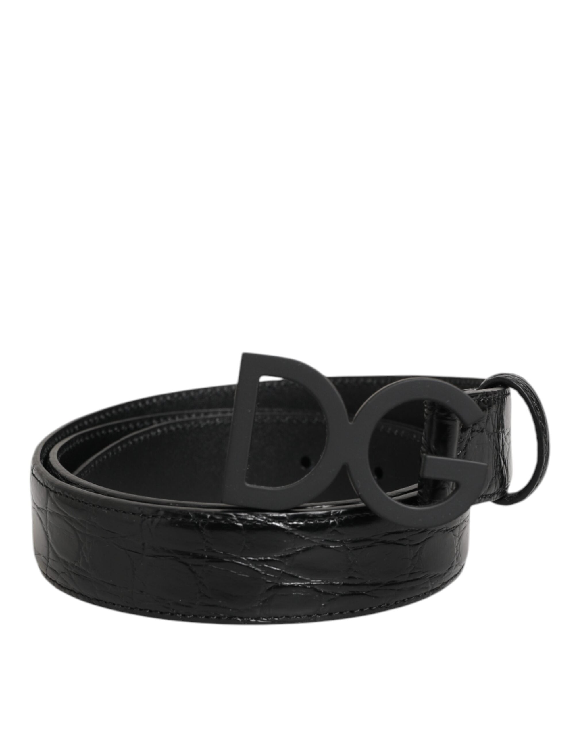 Black Exotic Leather Metal Logo Buckle Belt