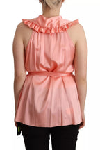 Pink Silk Stretch Sleeveless Collared Top Blouse