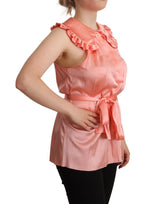 Pink Silk Stretch Sleeveless Collared Top Blouse
