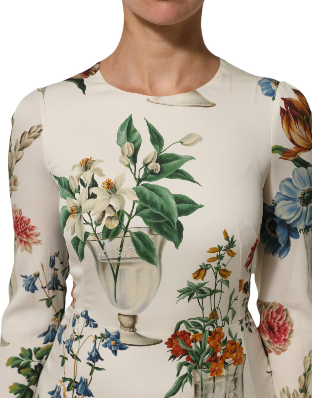 White Flower Vase Silk Sheath Midi Dress