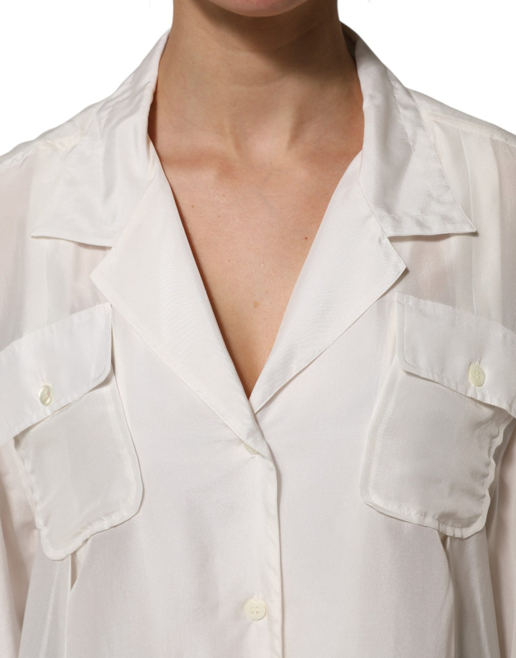 Off White Silk Button Down Polo Shirt Top