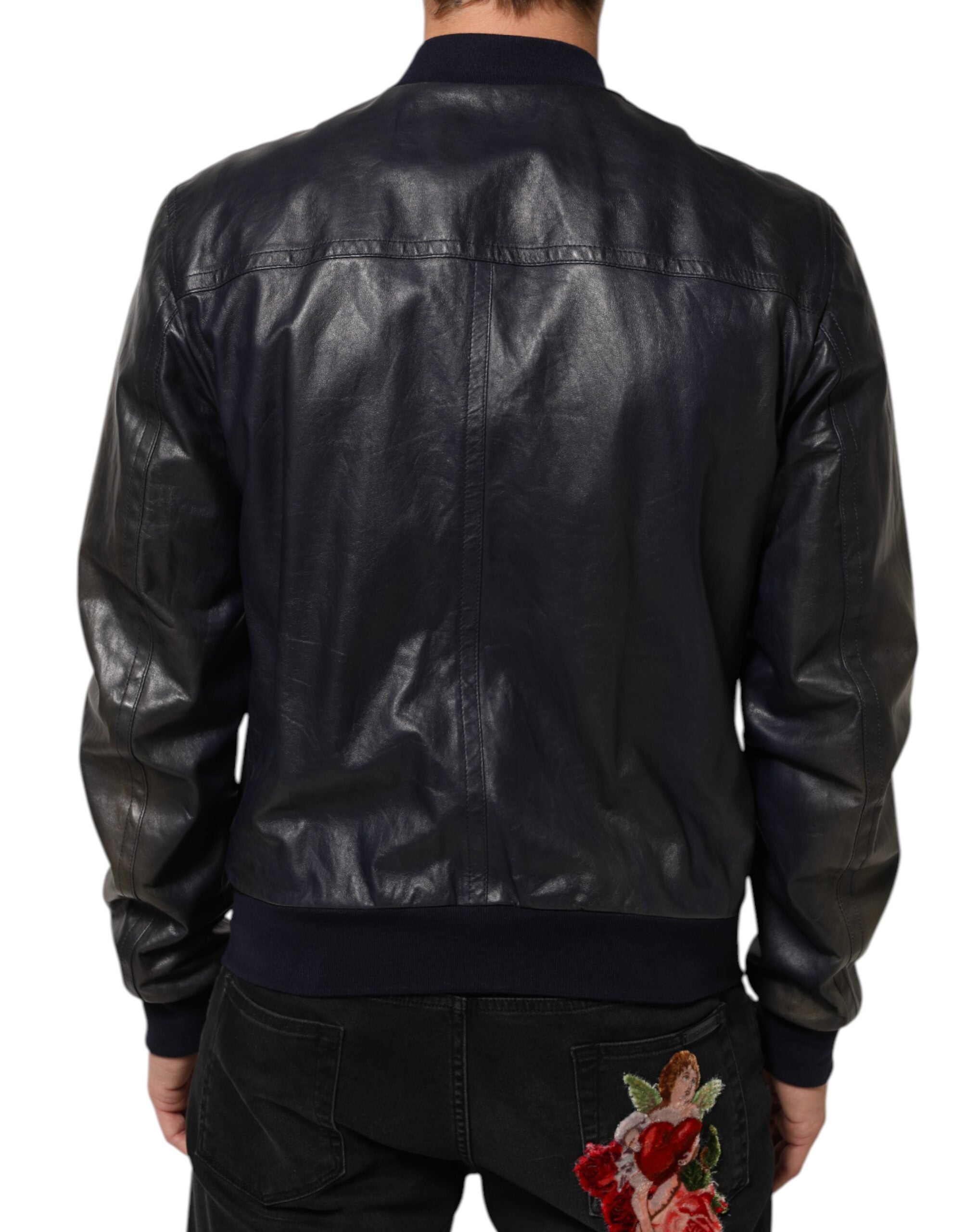 Blue Leather Full Zip Biker Blouson Jacket