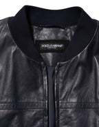 Blue Leather Full Zip Biker Blouson Jacket
