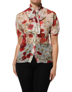 White Floral Tie-Neck Poppy Print Blouse Top