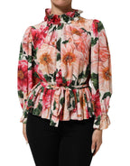 Pink Floral Printed Silk Ruffled Blouse Top