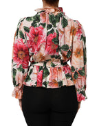 Pink Floral Printed Silk Ruffled Blouse Top