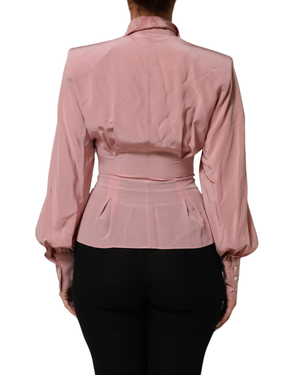 Pink Silk Collared Long Sleeves Blouse Top