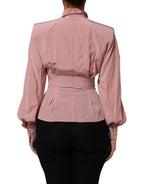 Pink Silk Collared Long Sleeves Blouse Top