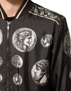 Black "Monete" Coin Print Silk Bomber Jacket