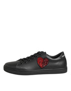 Black Leather Crystal Heart Sneakers  Shoes