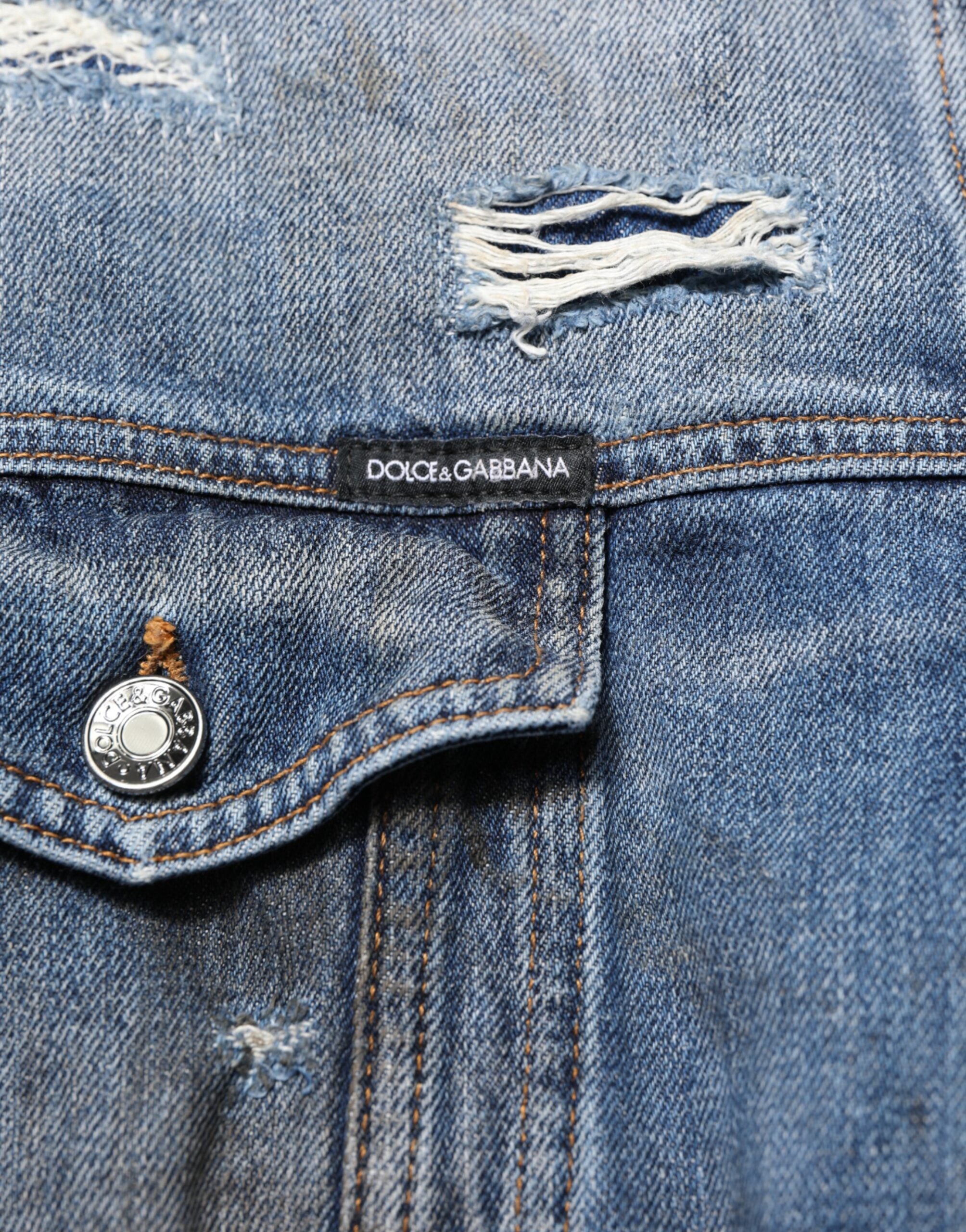 Blue Cotton Tattered Denim Blouson Jacket